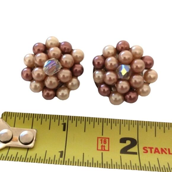 Faux Pearl Cluster Earrings Beaded AB Crystals Clip On Japan MCM Purple Pinks - Picture 2 of 16
